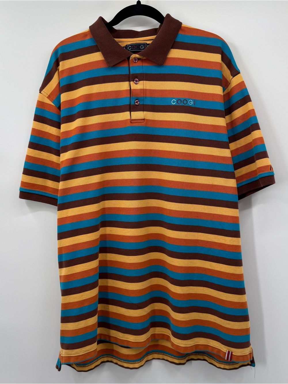 COOGI Men’s Short Sleeve Striped Polo in Brown, Gold & Teal